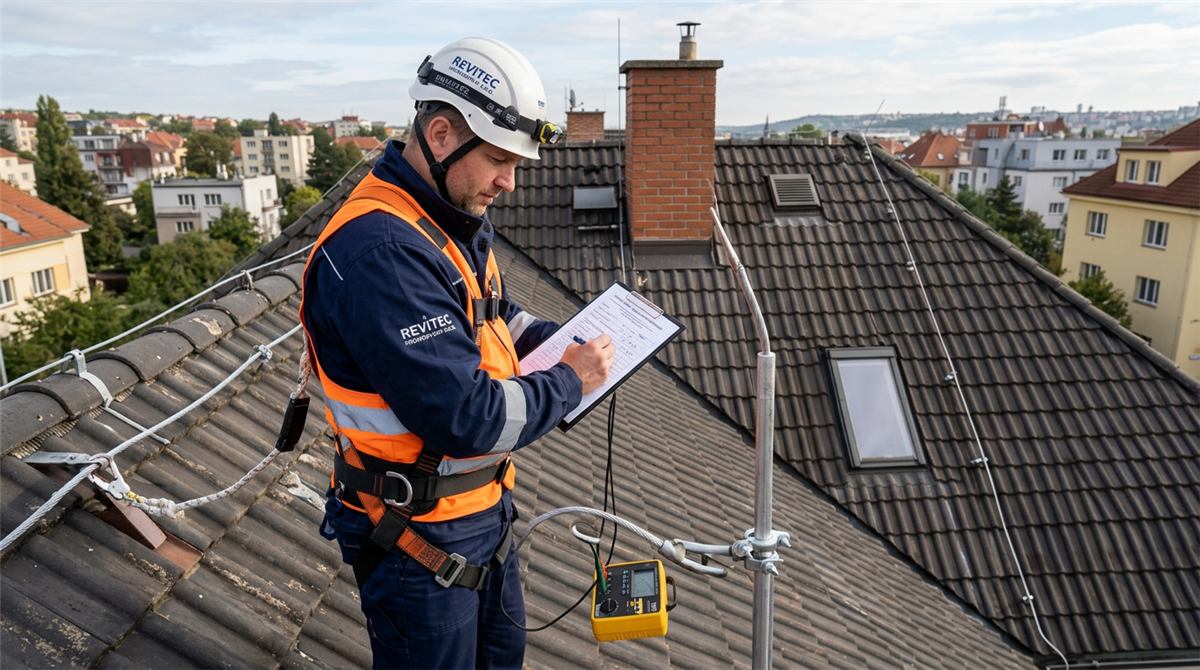 Revizní technik kontroluje hromosvod na střeše rodinného domu